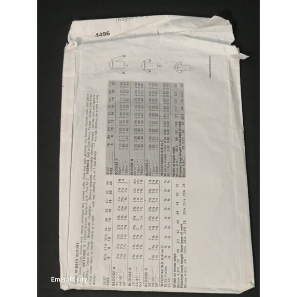 Vtg Fast And Easy Butterick #4496 Size 6-8-10 Blouse Uncut 1985 Sewing Pattern - Picture 3 of 6